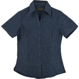 Ladies Pioneer Check Blouse Short Sleeve Navy Front